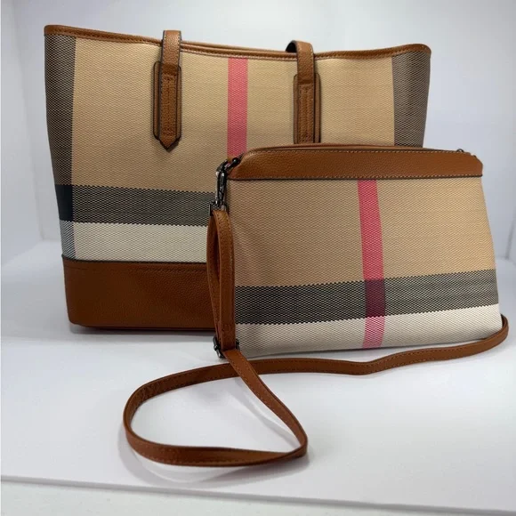 2 piece tote bags!  Stylish Tan and Pink Checkered - Picture 2 of 11